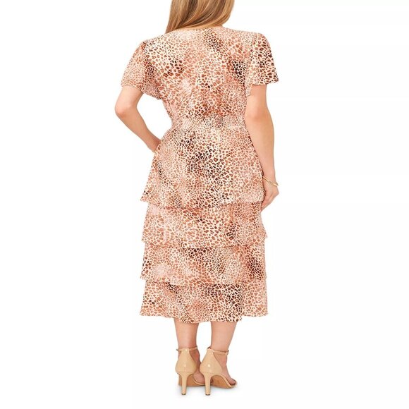 129$ VINCE CAMUTO Animal-Print Flutter Sleeve Tiered Midi Dress Size M Beige - Picture 2 of 3